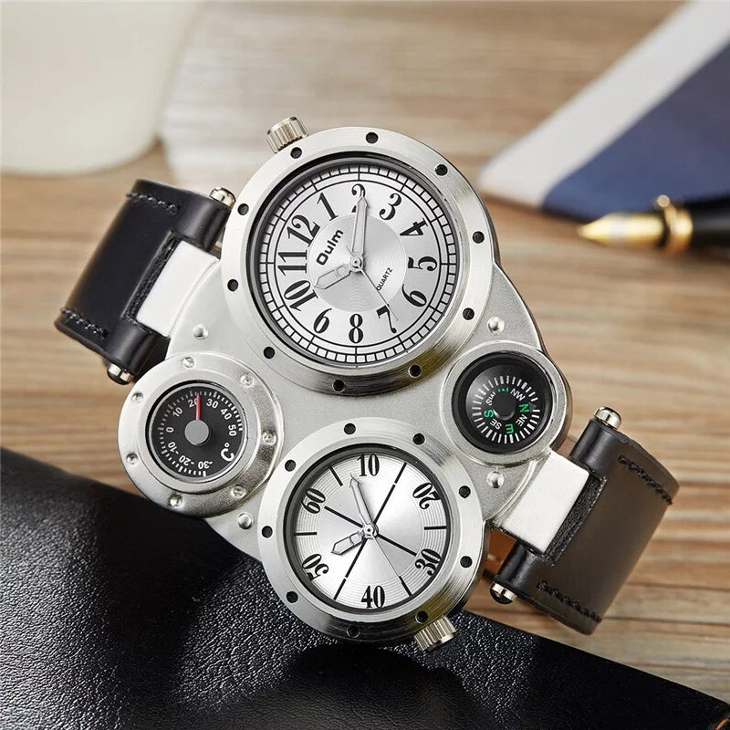 Oulm Luxury Multi-Time Zone Leather Strap Men’s Watch