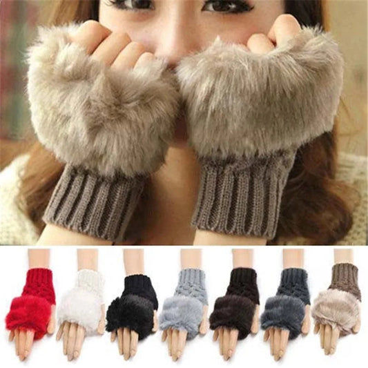 Fingerless Winter Gloves, Rabbit Fur Mittens Fluffy Gloves