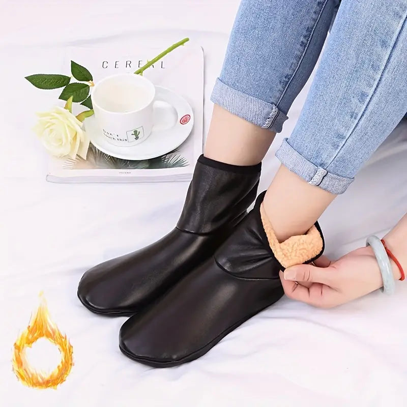 2 Pairs PU Leather Thermal Non-Slip Indoor Soft Floor Socks