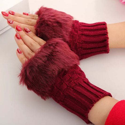 Fingerless Winter Gloves, Rabbit Fur Mittens Fluffy Gloves