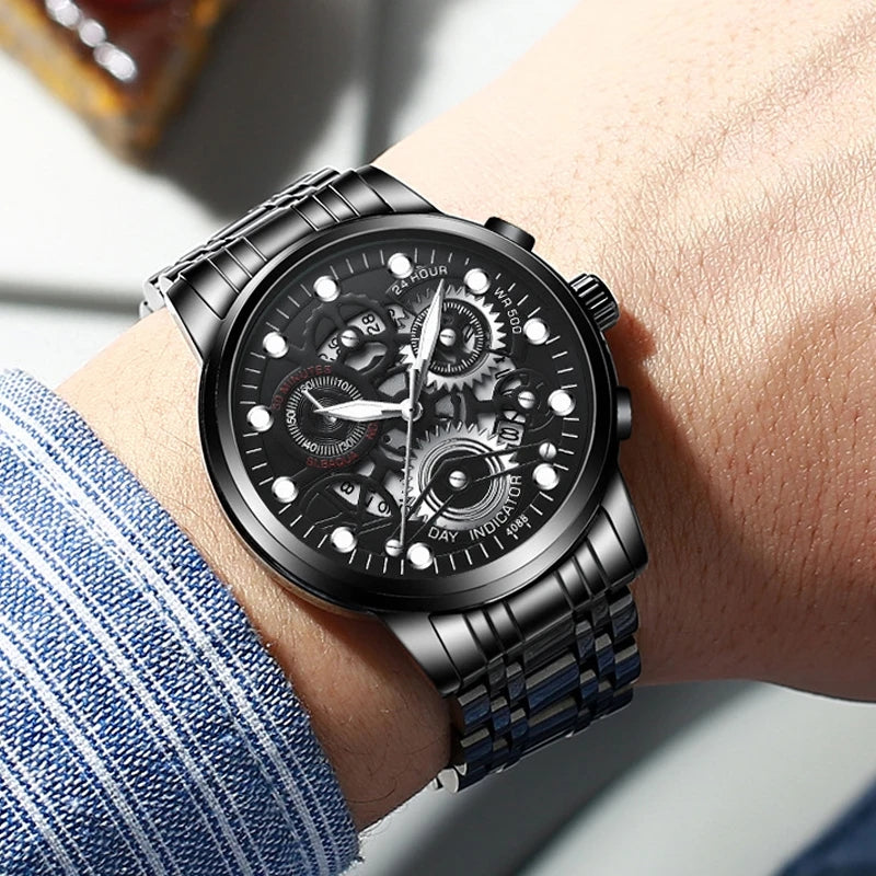 SKELETON DESIGN STAINLESS STEEL LUXURY WATCH